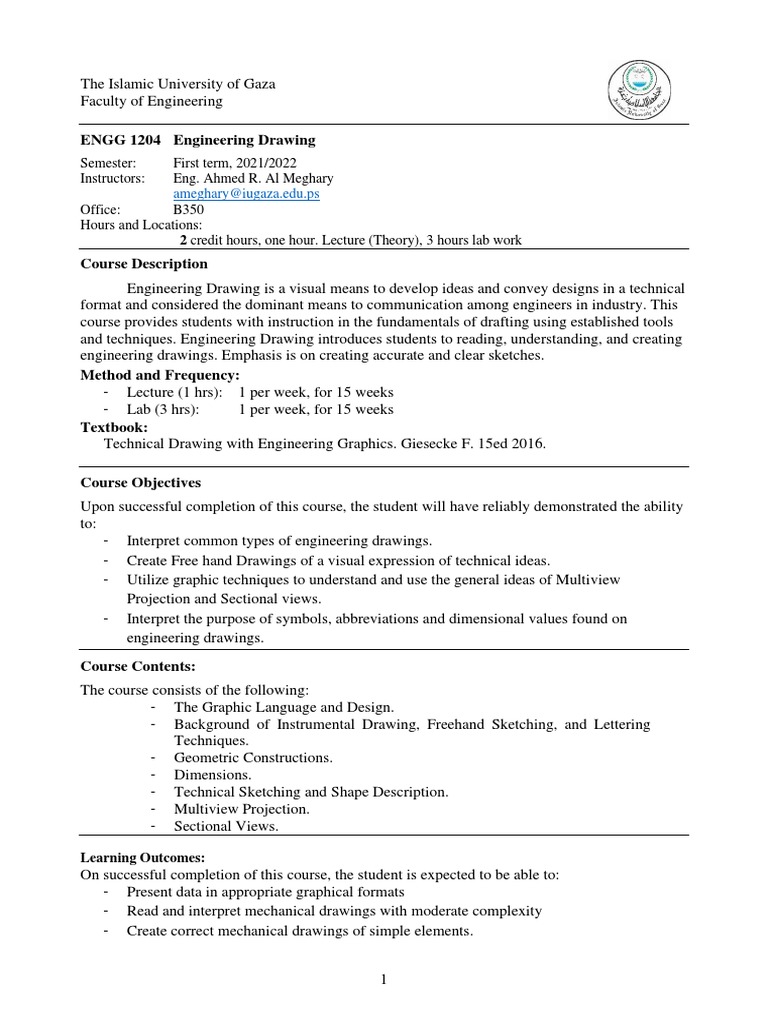 ENGG 1204 Engineering Drawing Course Outline First Term 2021