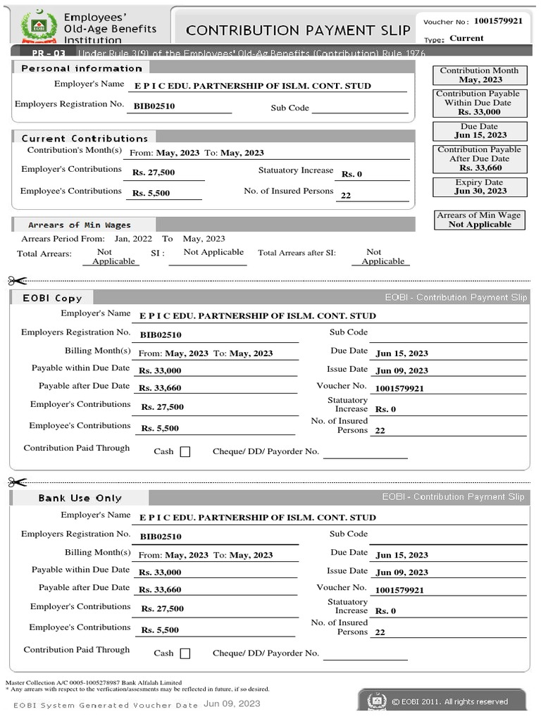 EOBI Voucher May 2023 | PDF | Employment | Economies