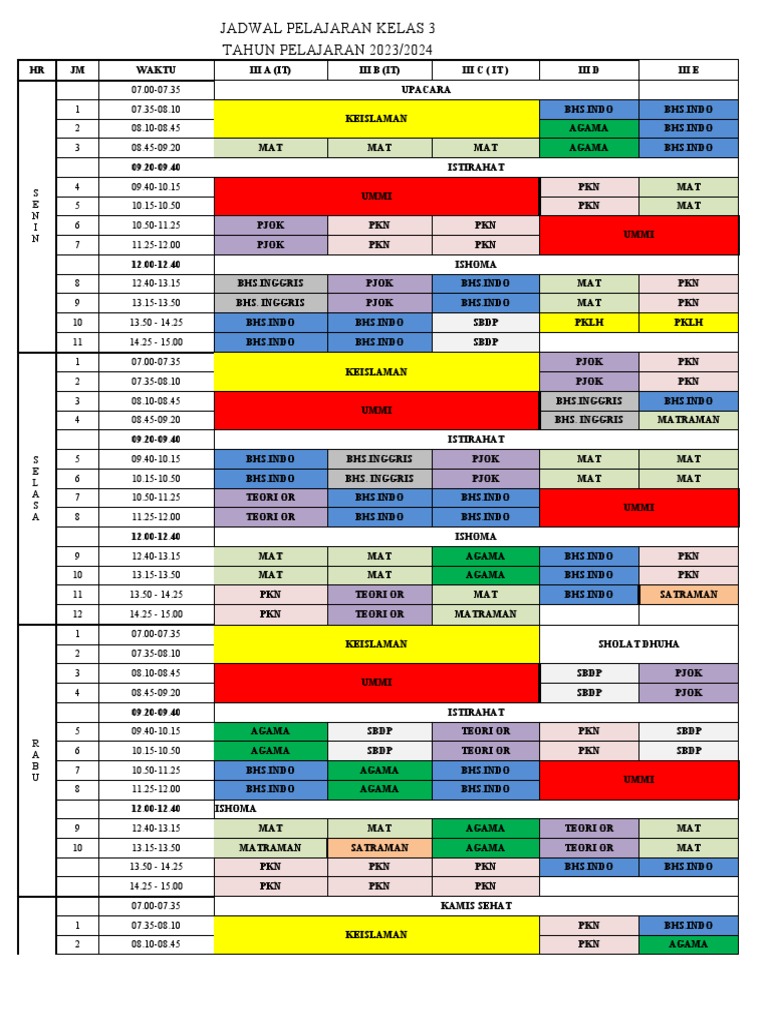 Jadwal Pelajaran Kelas 3 2023-2024 | PDF