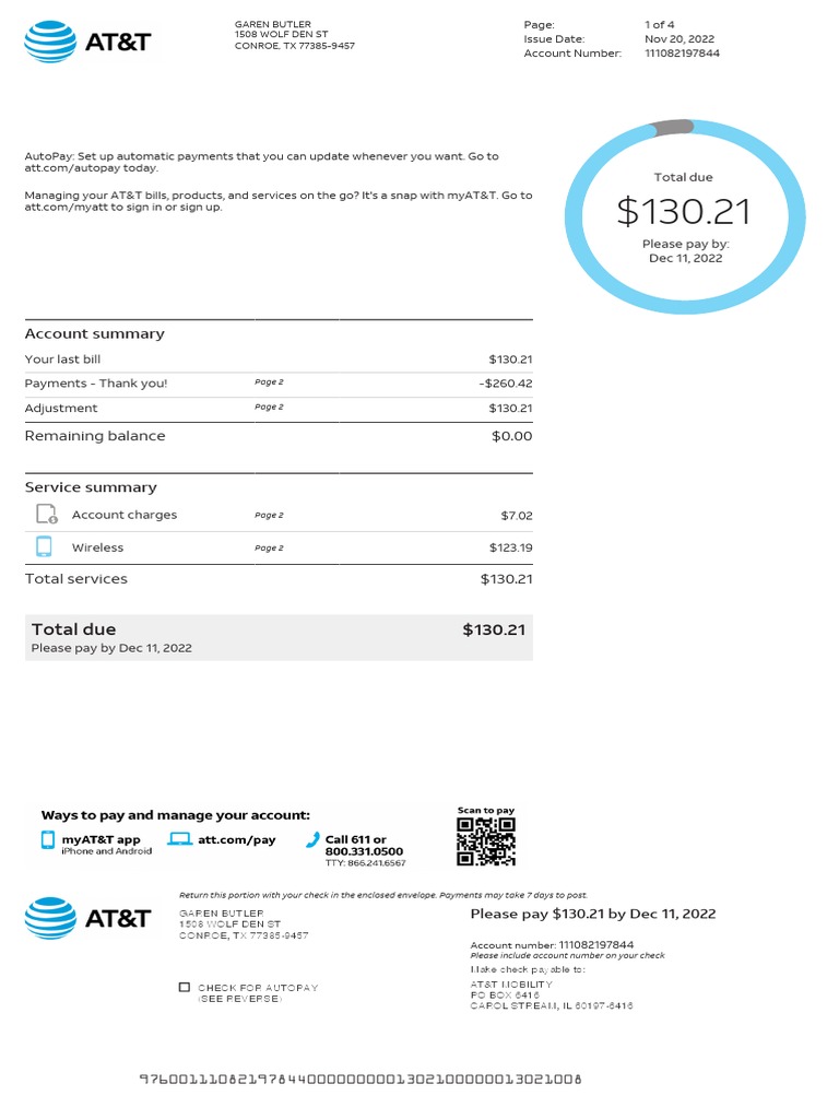 AT&T Bill Summary for Garen Butler | PDF