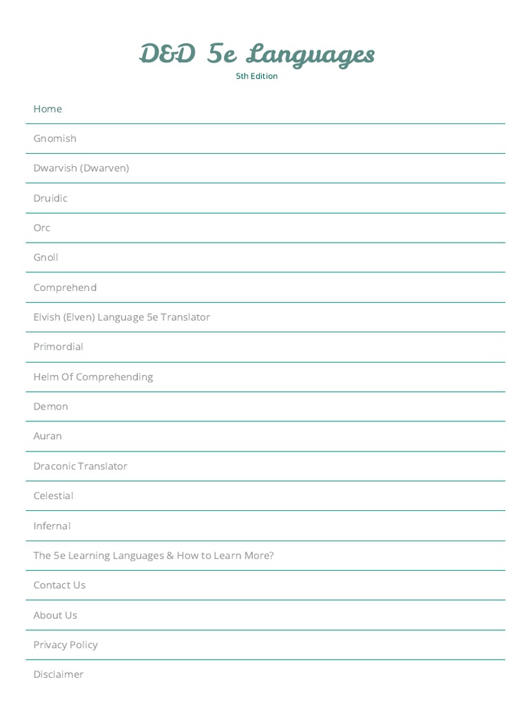 D&D 5e Languages (5th Edition) of 2021 Dungeons and Dragons PDF Dwarf (Dungeons & Dragons