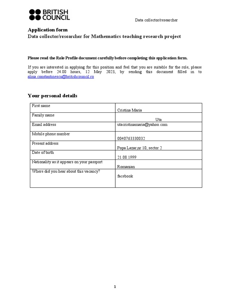 Consultant Application Form Cristina Uta | PDF | Teachers | Knowledge
