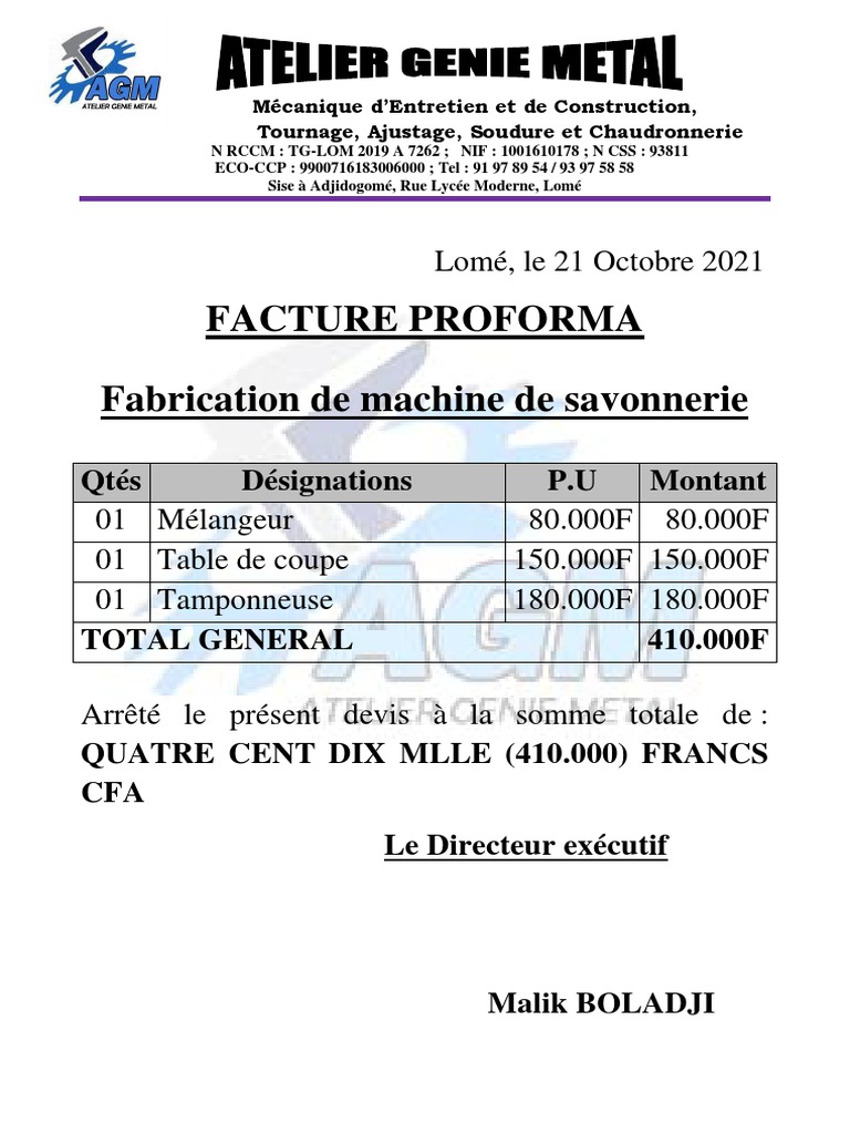 Exemple de Facture Proforma pour Machines | PDF | Finance et gestion ...