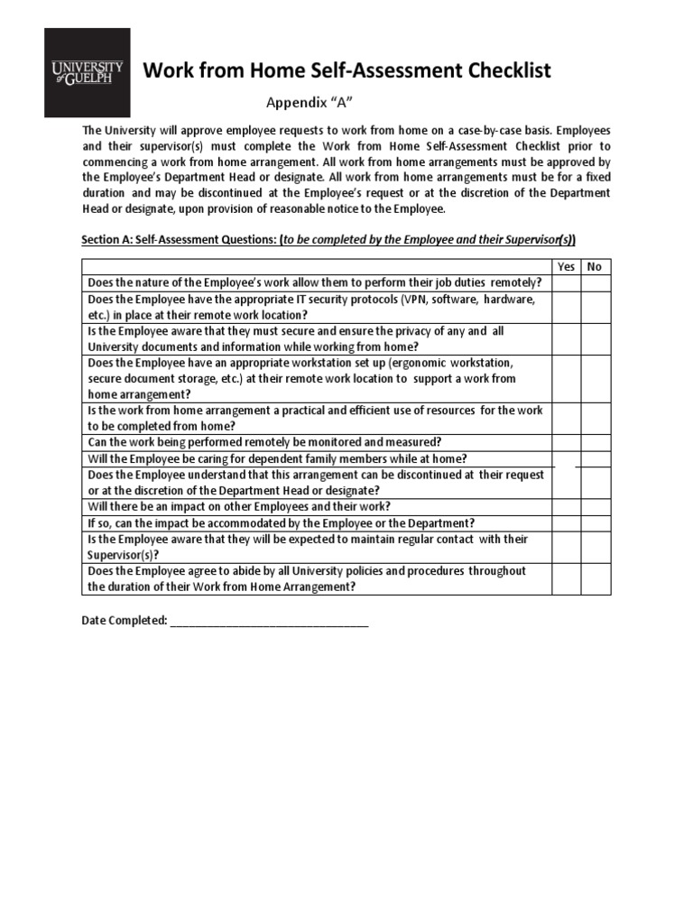 Work From Home SelfAssessment Checklist PDF Employment