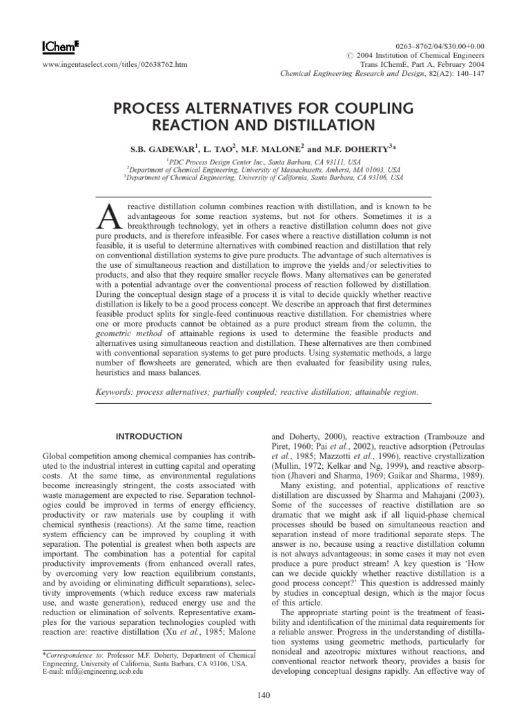 Process Alternatives For Coupling Reaction and Distillation | PDF ...