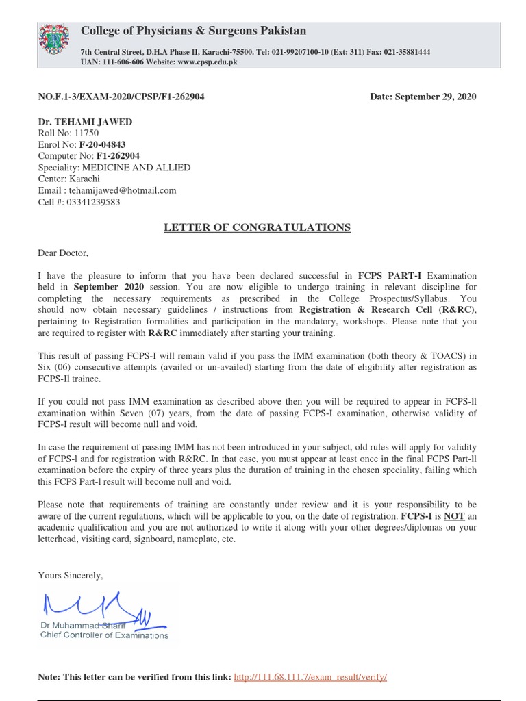 Fcps Passing Letter | Download Free PDF | Academic Degree | Vocational ...