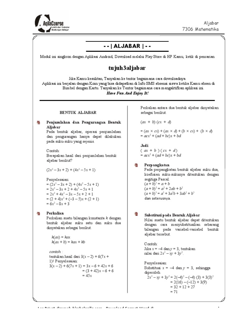 Modul Aljabar untuk Les Privat Matematika | PDF | Metode & Bahan Ajar