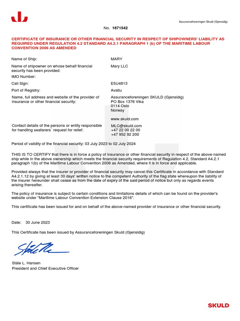 MLC Certificate for Shipowners' Liability | PDF | Law