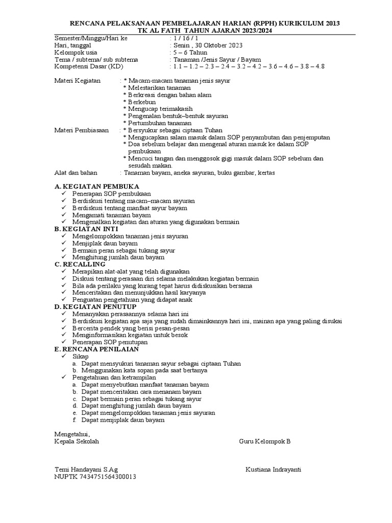 RPPH Tema Sayuran untuk TK B | PDF
