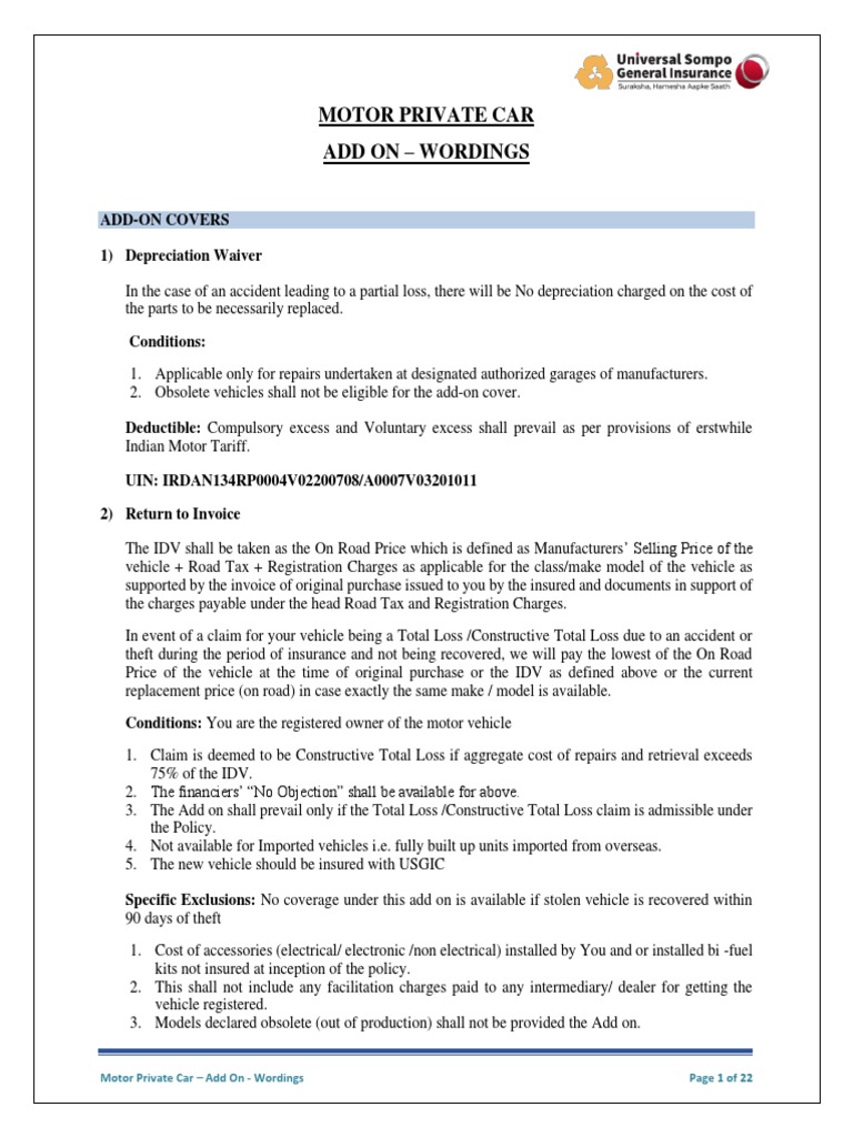 Motor Private Car - Add-Ons | PDF | Insurance | Automatic Transmission