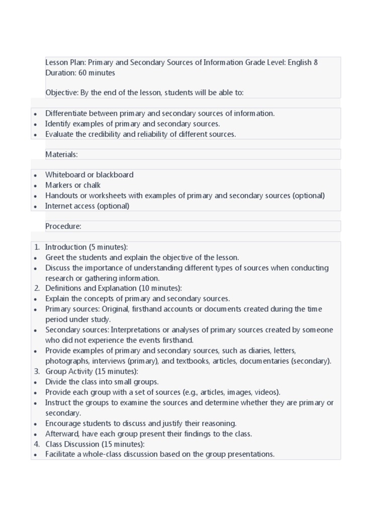 Lesson Plan Eng 8 Pdf Primary Sources Information