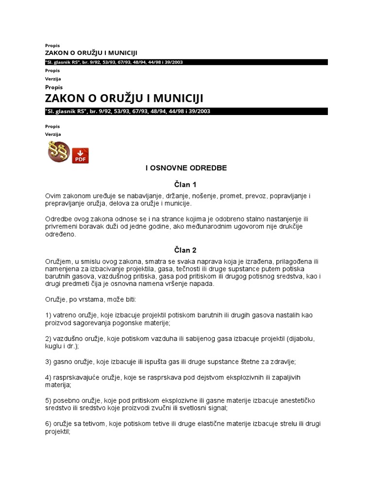 Stari Zakon o Oružju I Municiji | PDF