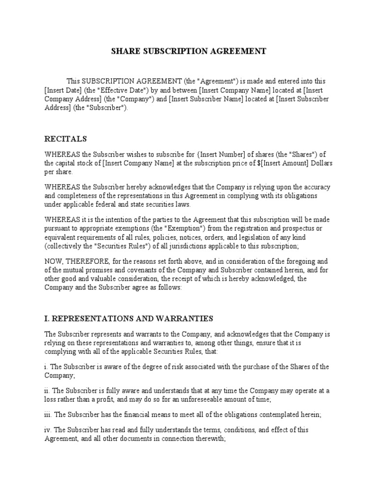 Share Subscription Agreement Template | PDF