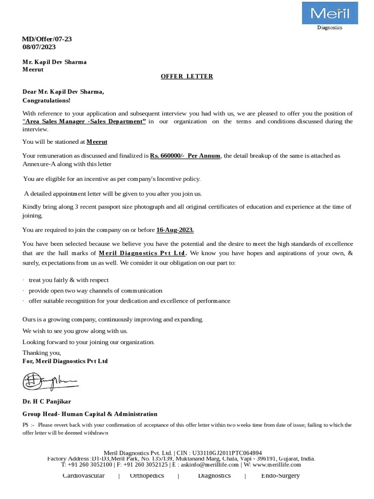 Meril Diagnostics Job Offer Details | PDF | Government
