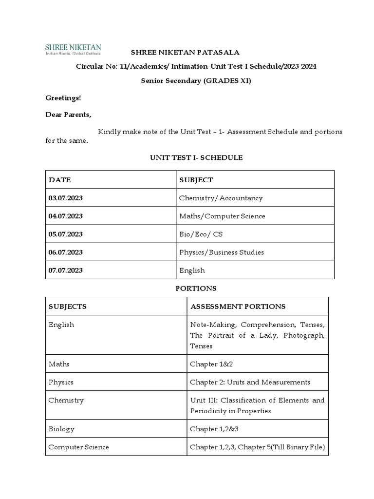 Unit Test I Schedule for Grade XI | PDF | Teaching Methods & Materials ...