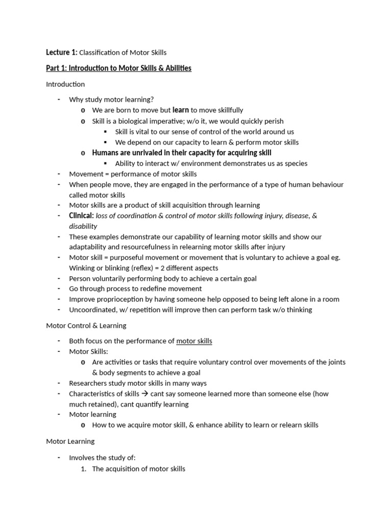 Classification of Motor Skills Overview | PDF | Motor Control ...