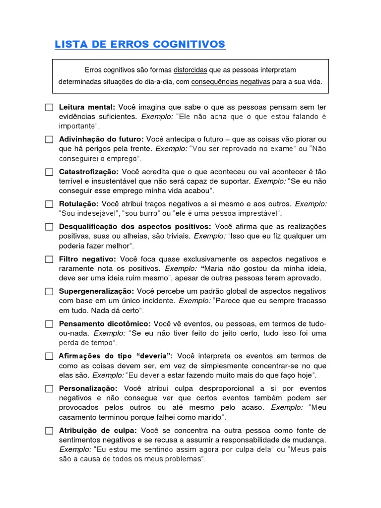 Lista de Erros Cognitivos Comuns | PDF | Pensamento | Conceitos ...