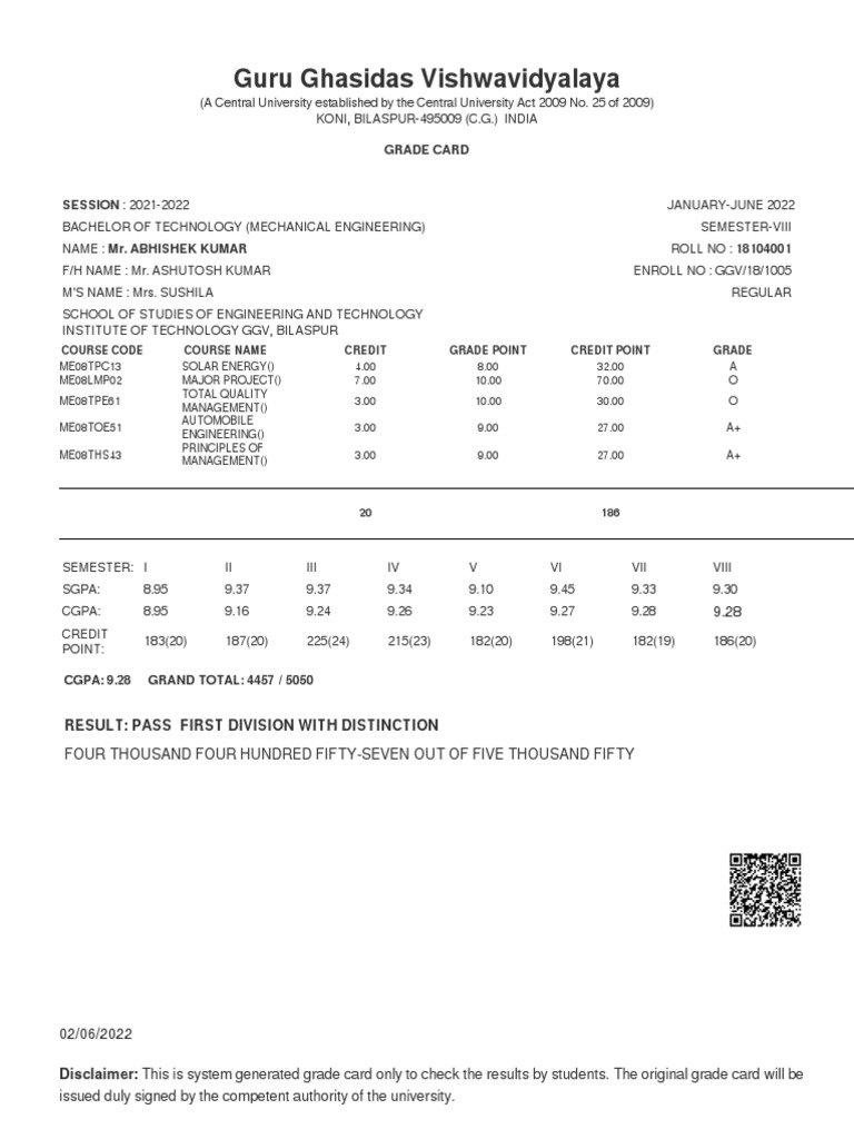 GGV Bilaspur B.Tech Mechanical Grade Card | PDF