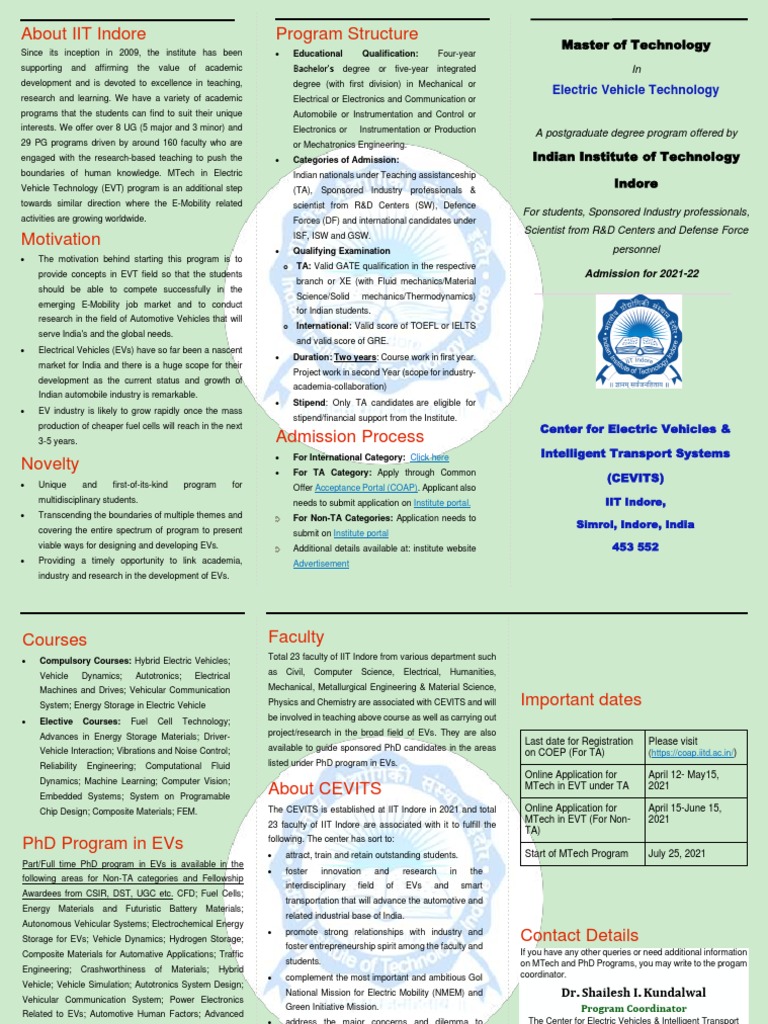 MTech in Electric Vehicle Technology | PDF | Electric Vehicle ...