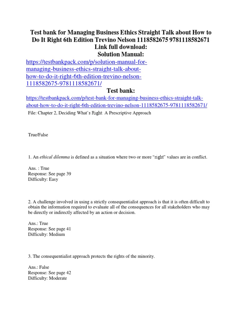 Test Bank for Business Ethics 6th Ed. | PDF