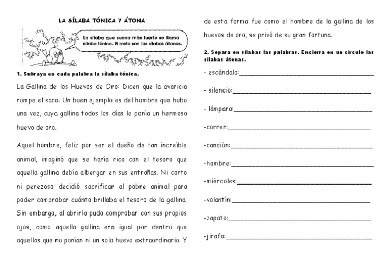 Sílaba Tónica y Átona: Ejercicios | PDF
