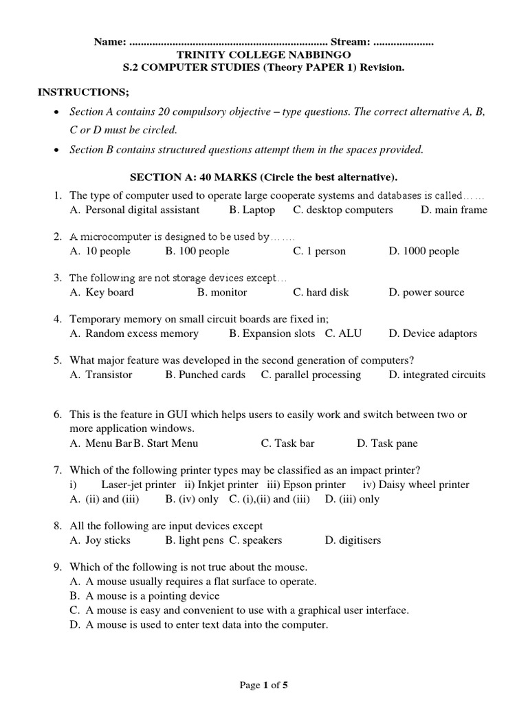 S.2 COMPUTER STUDIES Revision Questions by Tulina Dorothy | PDF ...