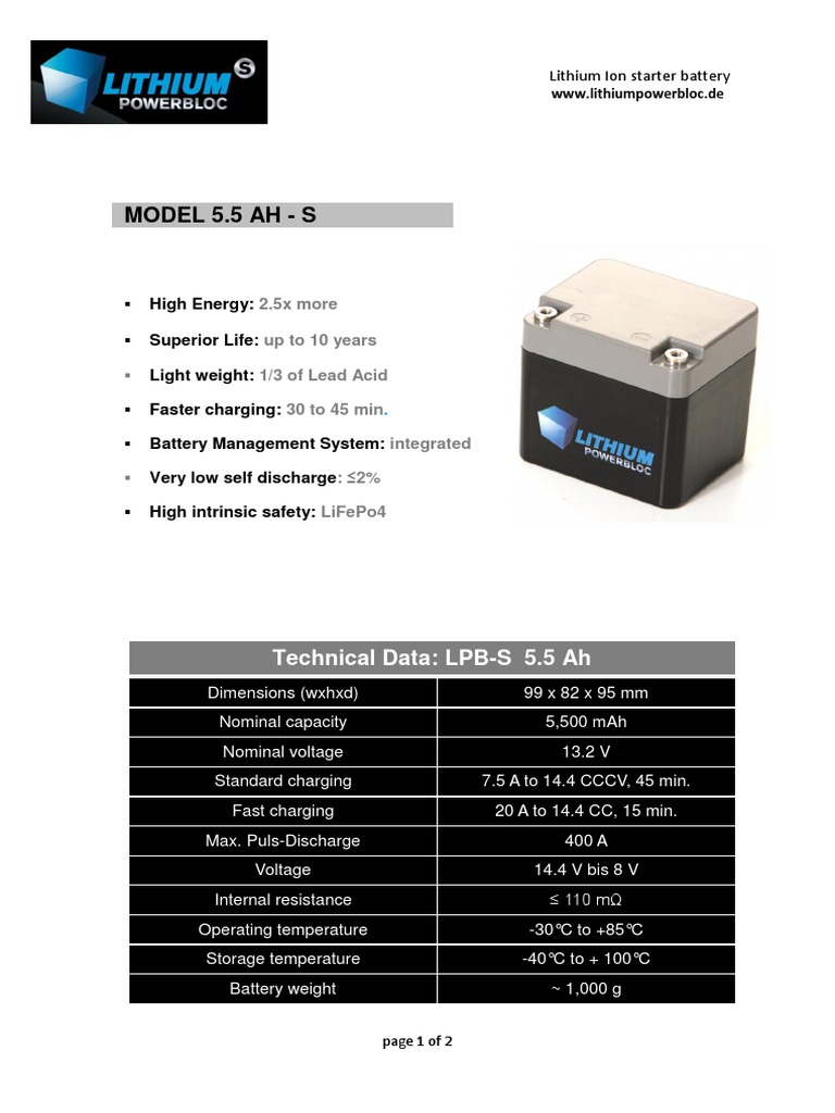 Lithium Powerbloc LPB-S 5500 Specs | PDF | Lithium Ion Battery ...