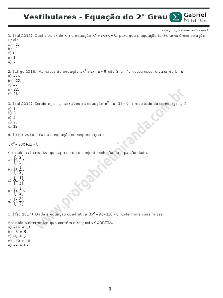 Exercícios sobre Equação do 2° Grau | PDF | Equações | Matemática