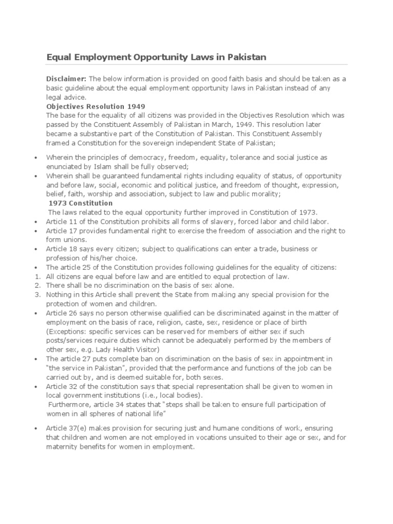 Equal Employment Opportunity Laws In Pakistan International Labour