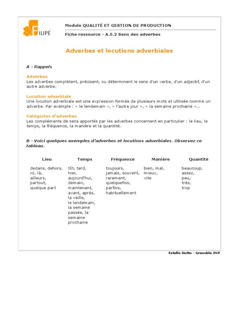 Adverbes Locutions Adverbiales | PDF