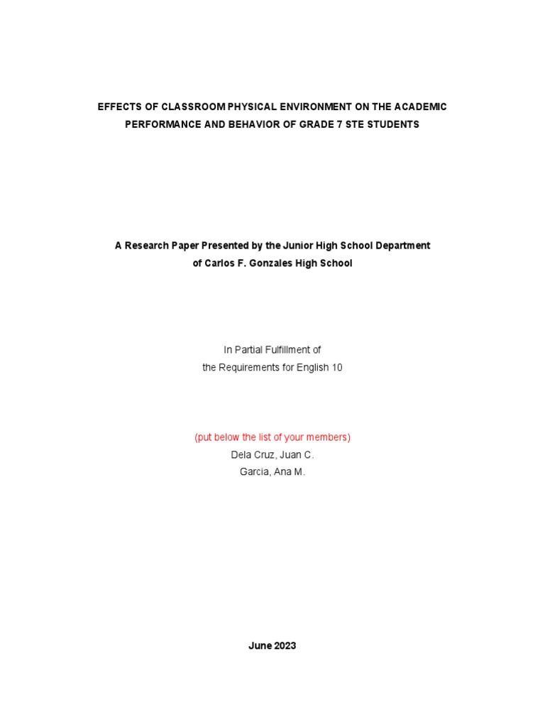 Classroom Environment Impact on Grade 7 Students | PDF | Classroom ...