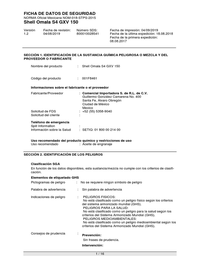Ficha de Seguridad Shell Omala S4 GXV 150 | PDF