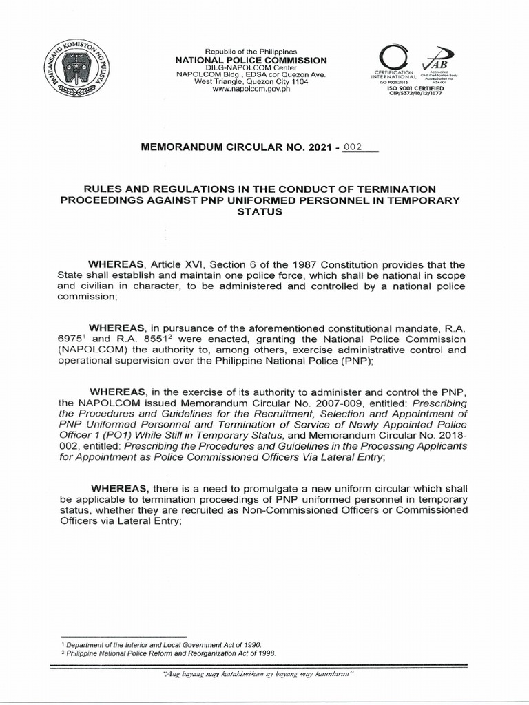 MC 2021-002 Termination Proceedings Against PNP Uniformed Personnel in ...