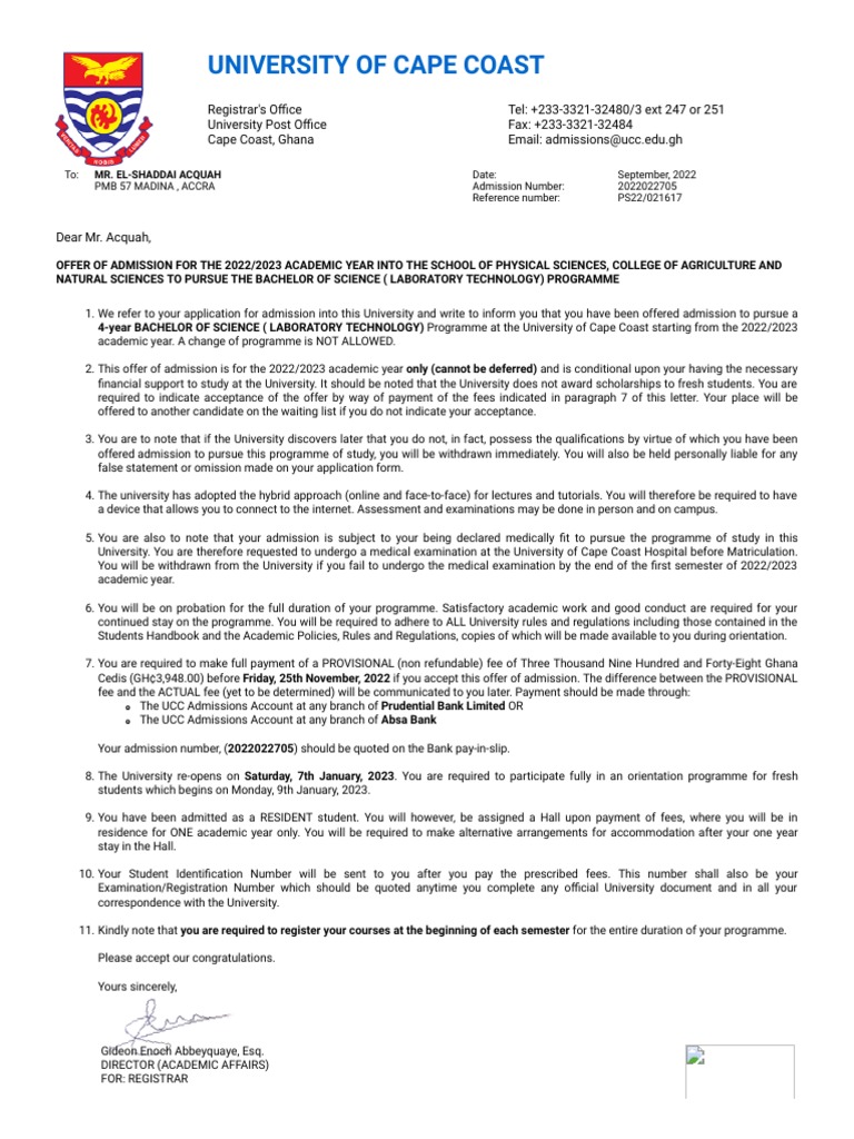 Admission Letter UCC PDF