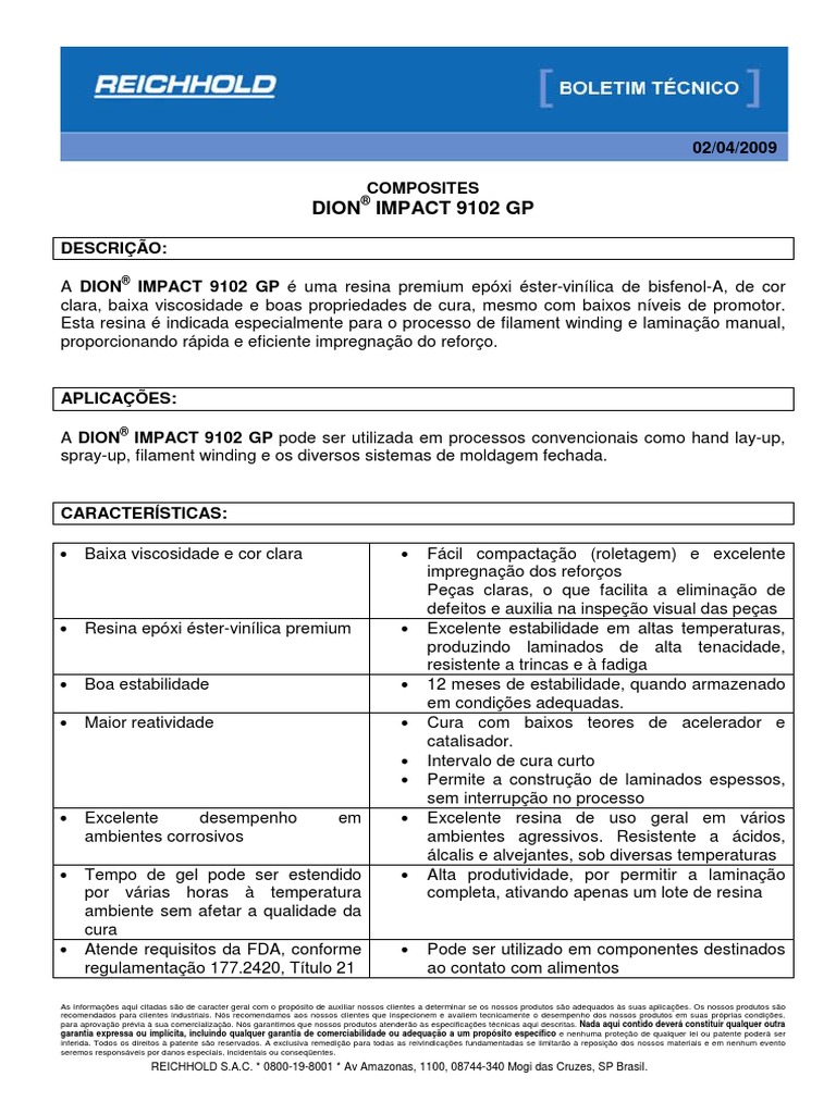 Boletim Resina Dion 9102 Impact PDF Epóxi Ciências Físicas