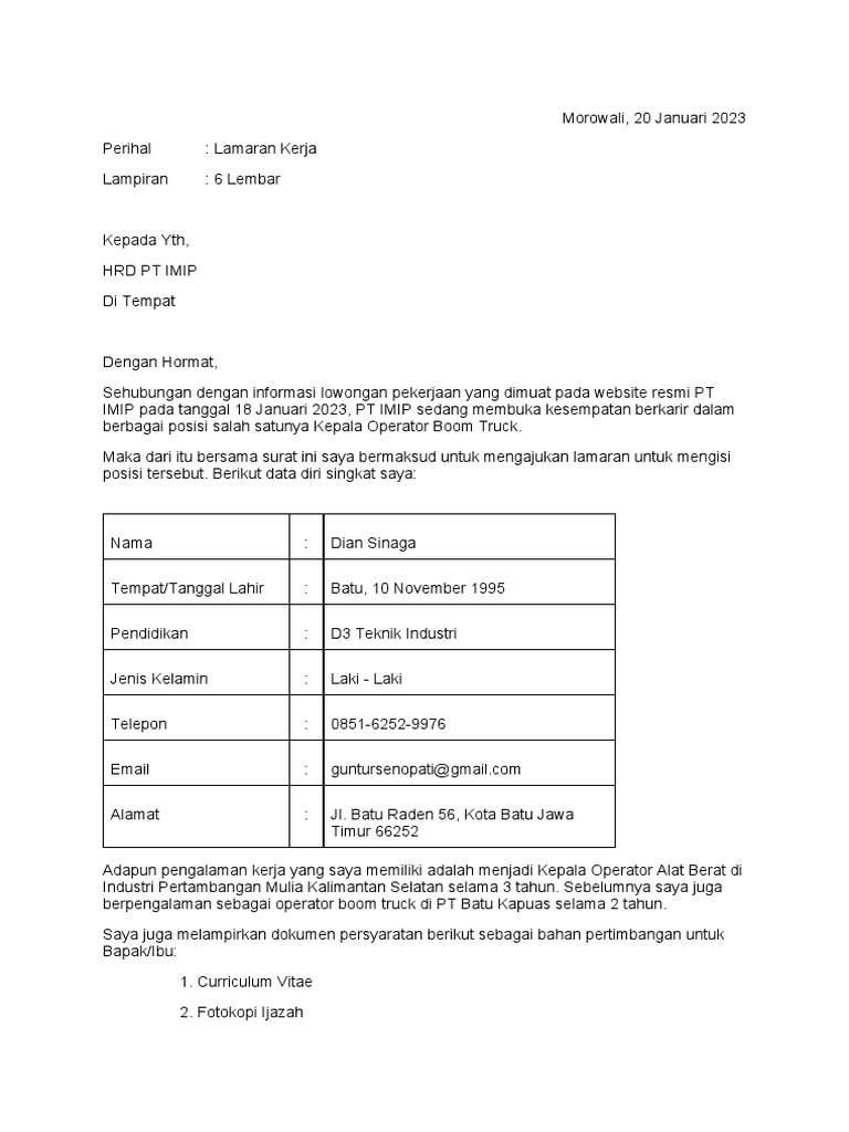 Contoh Surat Lamaran Kerja PT IMIP | PDF