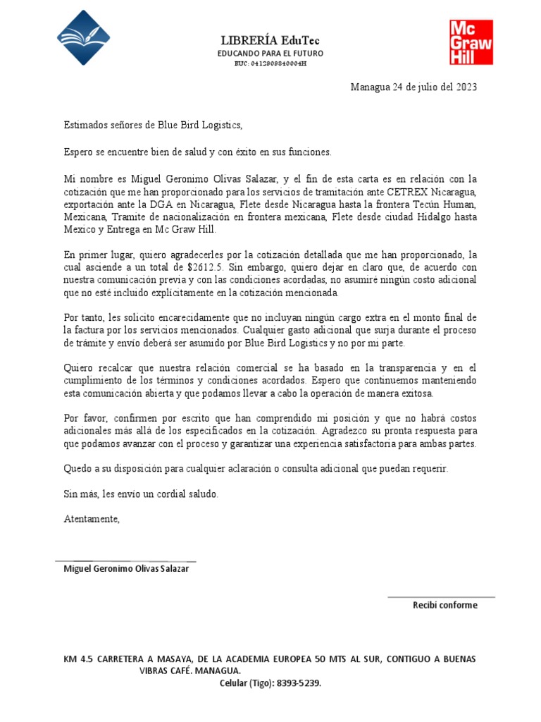 Carta para Blue Bird Logistics | PDF