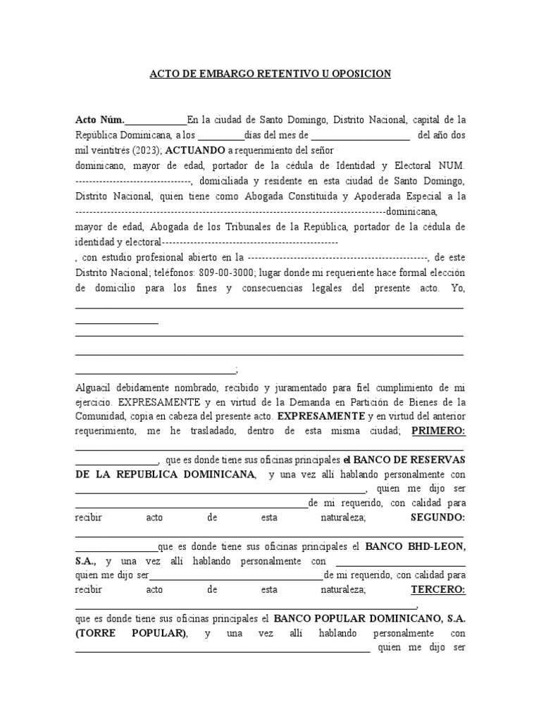 Acto de Embargo Retentivo 2023 | PDF | República Dominicana | Justicia