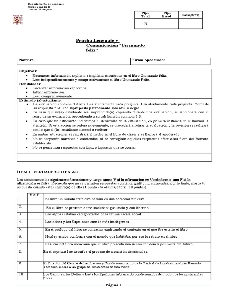 Prueba UN MUNDO FELIZ | PDF