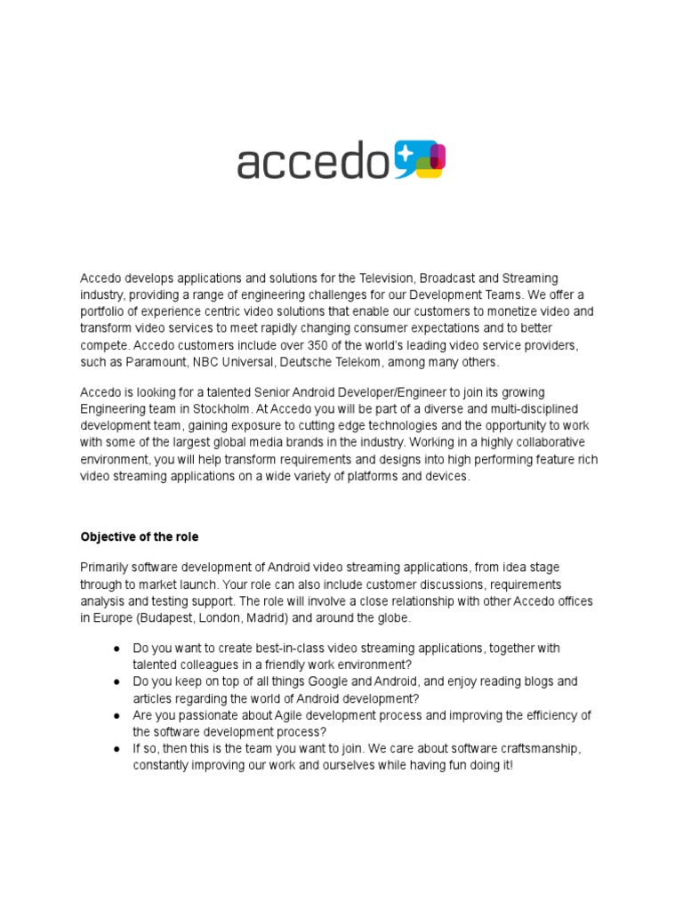 Senior Android Developer - Accedo | PDF | Android (Operating System ...