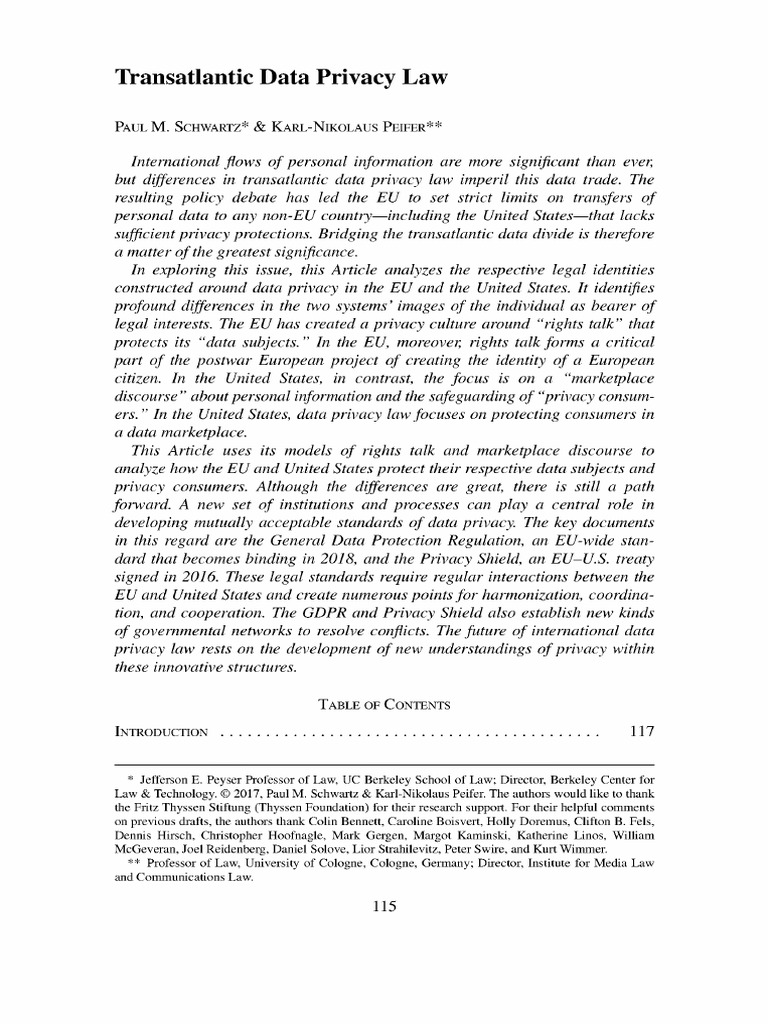 Transatlantic data privacy law schwartz and peifer pdf