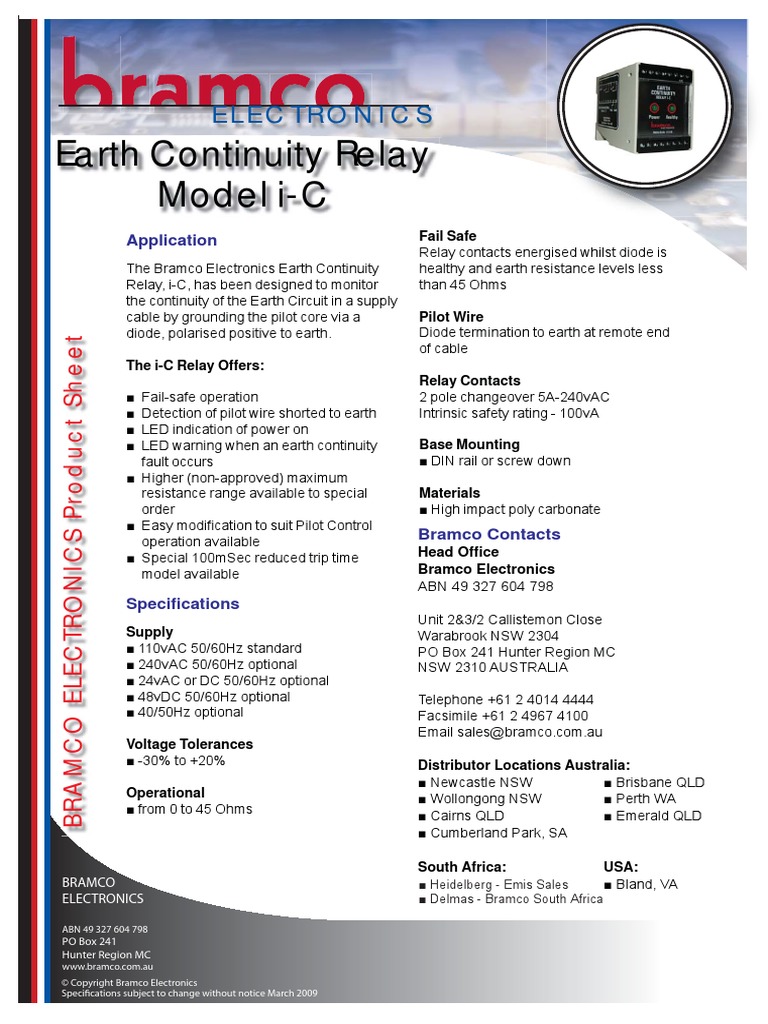 Bramco IC Earth Continuity Relay Data Sheet PDF