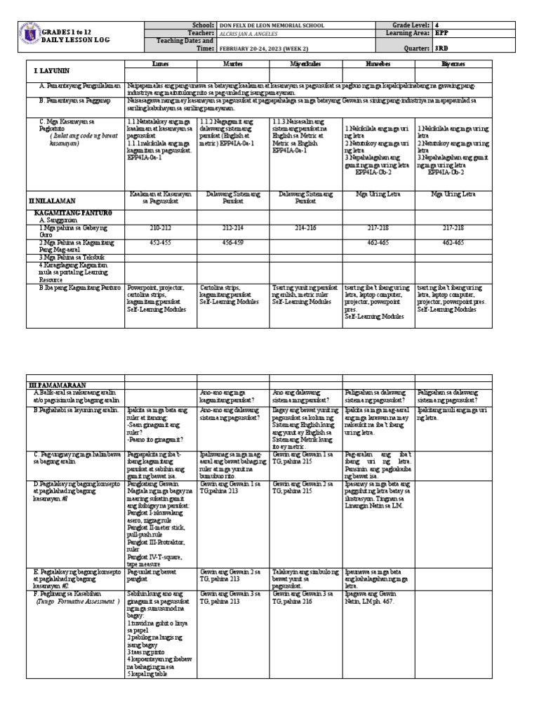 DLL Grade 4 EPP Q3 Week 2 Plan | PDF