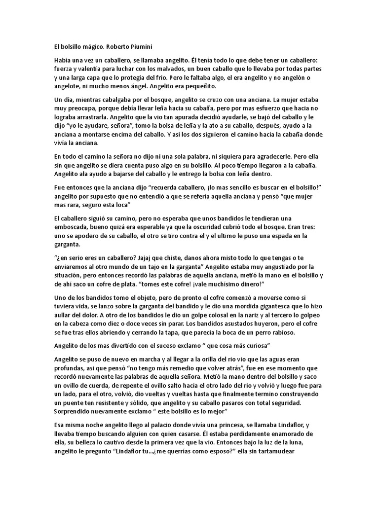 Cuento. El Bolsillo Mágico. Roberto Piumini PDF Caballero