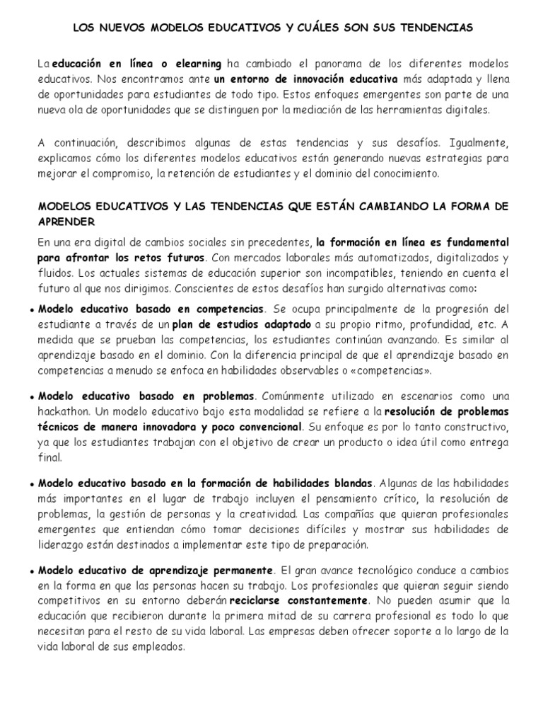 Los Nuevos Modelos Educativos y Cuáles Son Sus Tendencias | PDF ...