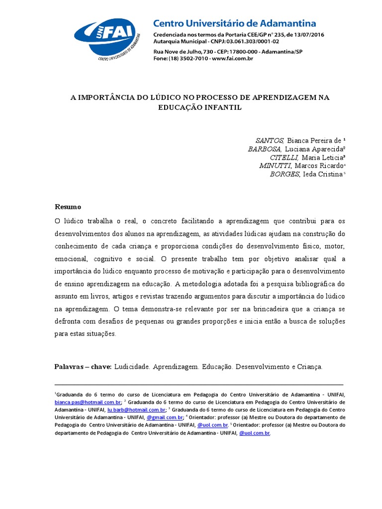 Lúdico e Aprendizagem na Educação Infantil | PDF | Aprendizado | Pedagogia