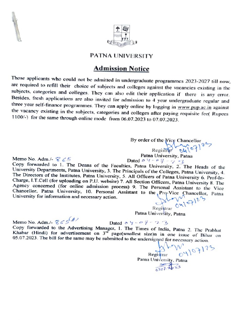 Patna University Admission Notice 2023 | PDF