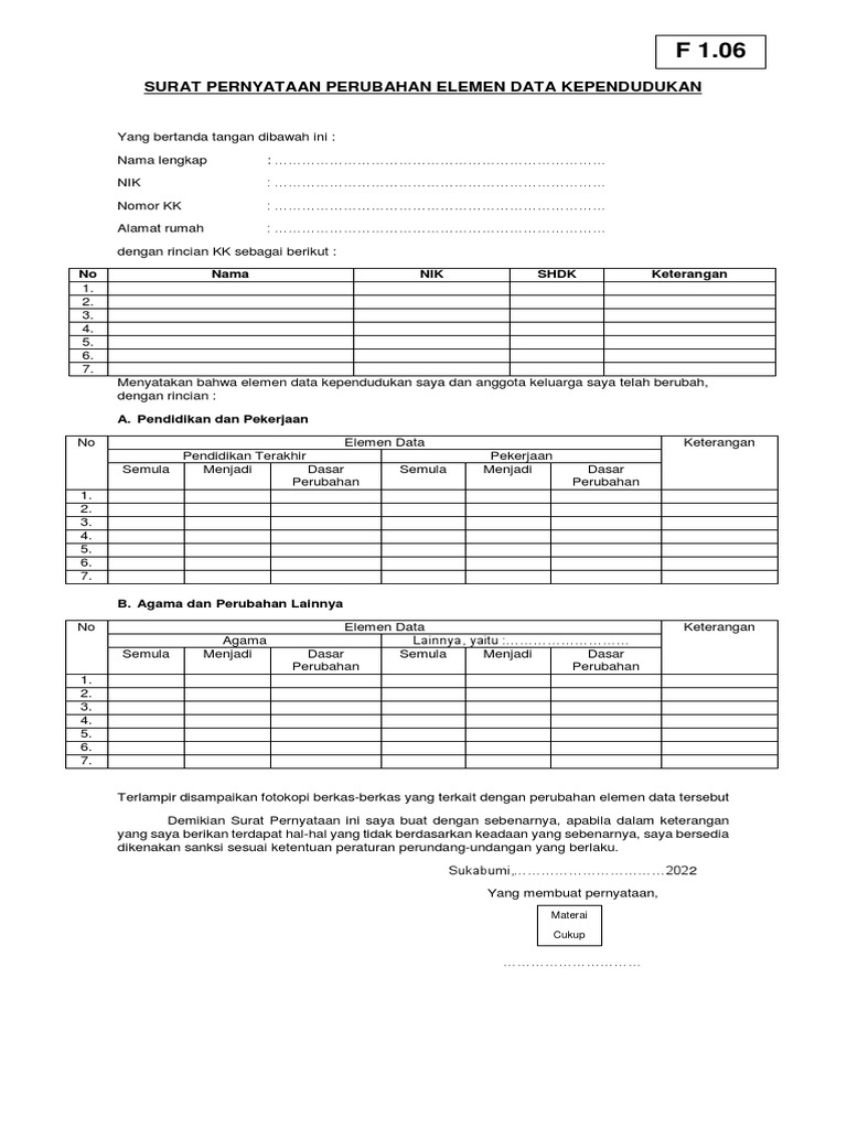  f 1 06 surat pernyataan perubahan elemen data kependudukan pdf