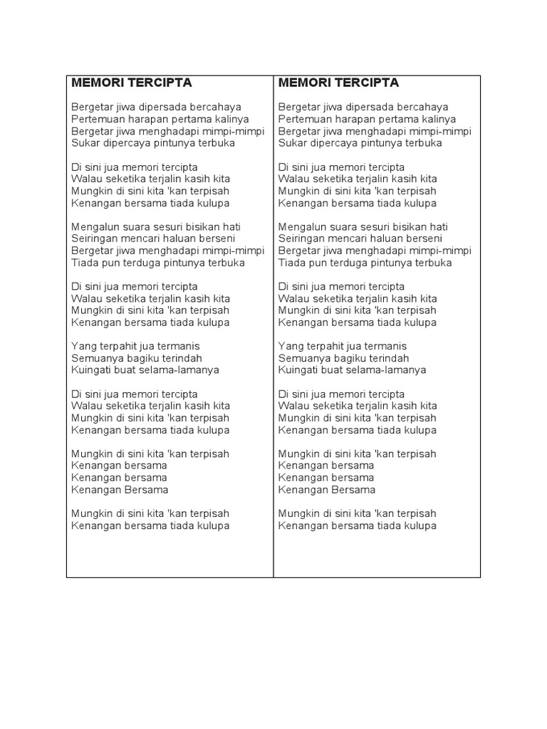 Lirik Lagu Memori Tercipta | PDF