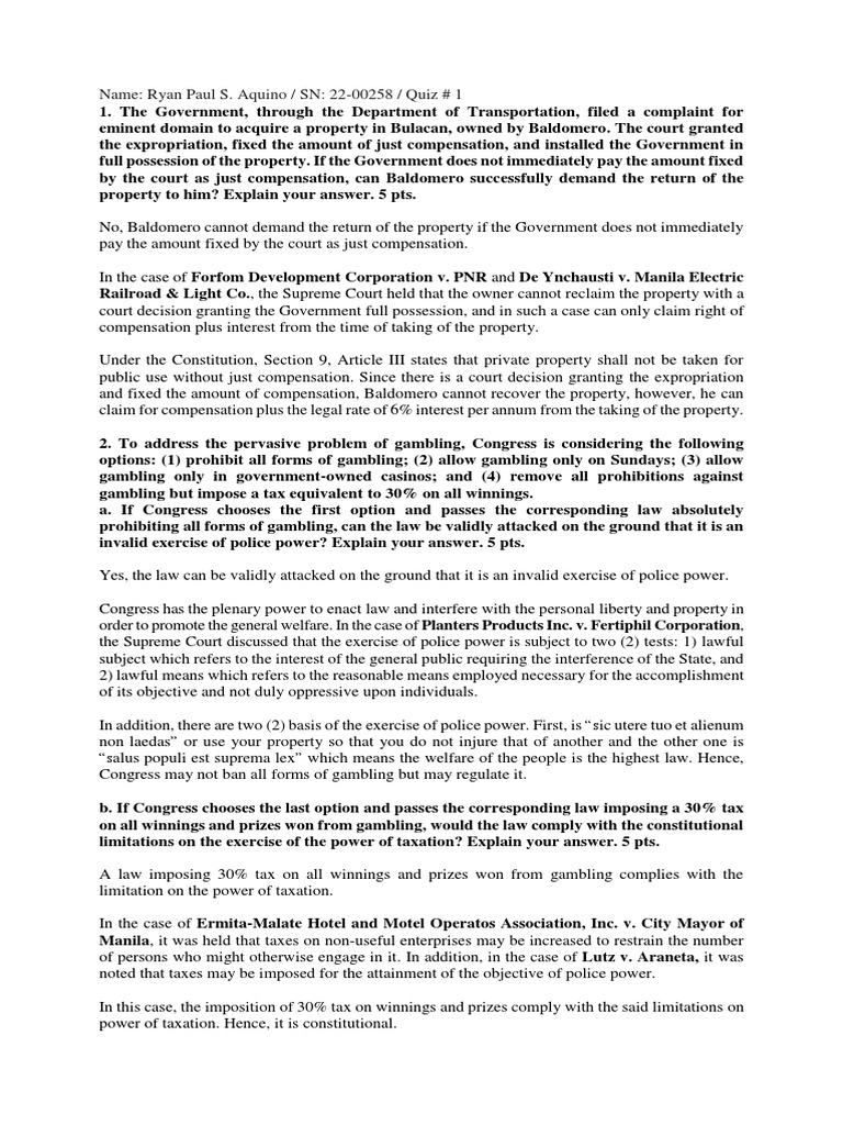 quiz-no-1-ryan-paul-aquino-sn22-00258-pdf-police-power-united